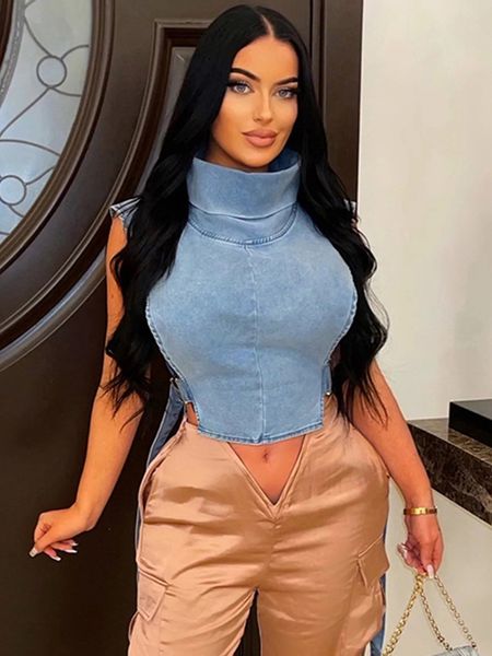 

women's vests sifreyr sleeveless side lace up vest jacket women turtleneck denim casual streetwear female y2k clothes fashion outwear c, Black;white