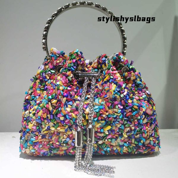 

shoulder bags new arrival rainbow stone bucket bag woman shoulder bag metal leaf handle detachable metallic chain strap handbag purse for la