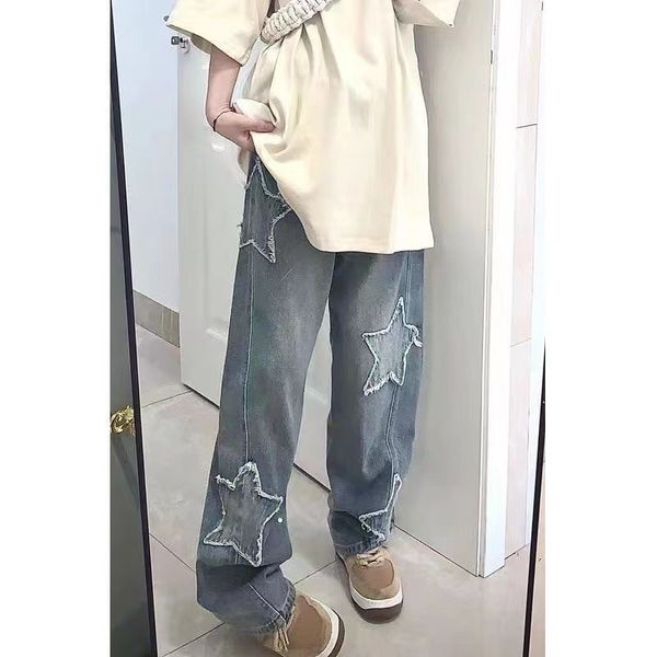 

women's jeans y2k emo women streetwear oversized star pattern straight trousers baggy jeans fairy grunge hip hop denim pants korean clo, Blue