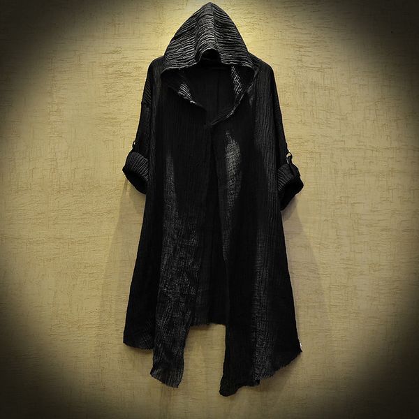 

men's trench coats translucent linen cloak thin trench men gothic long coat stranger things mysterious dustcoat men cardigan spring sum, Tan;black
