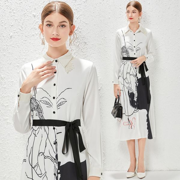 

2023 street style white midi dress long sleeve print women designer lapel classic shirt dresses casual lace up bow robe spring autumn ladies, Black;gray