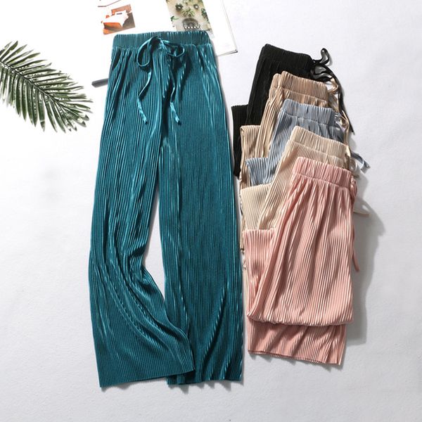 

women's pants capris women's pleated loose ice silk korean casual cropped pants wide leg trouse home classic sports wear girls clo, Black;white
