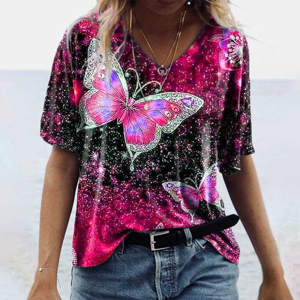 

women's t-shirt short sleeve vneck women loose summer tshirt casual butterfly print tshirt women short sleeve large size tshirt j230215, White