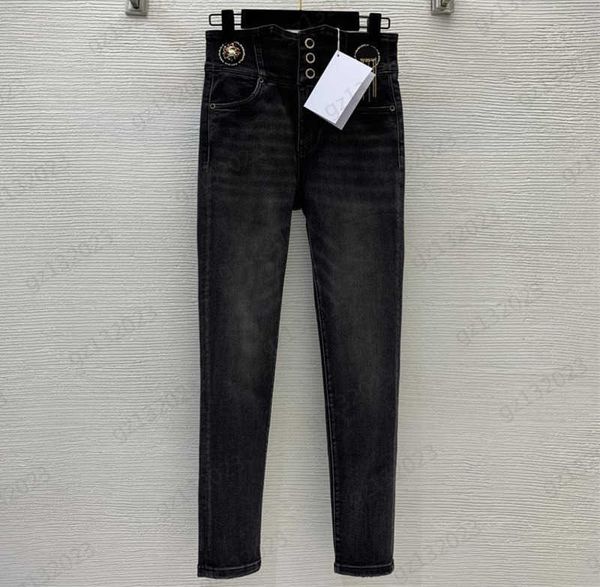 

fashion brand jeans metal logo accessories three-button high-waisted denim trousers elastic fabric slim cut slimming pants 2 colors jeans fo, Blue