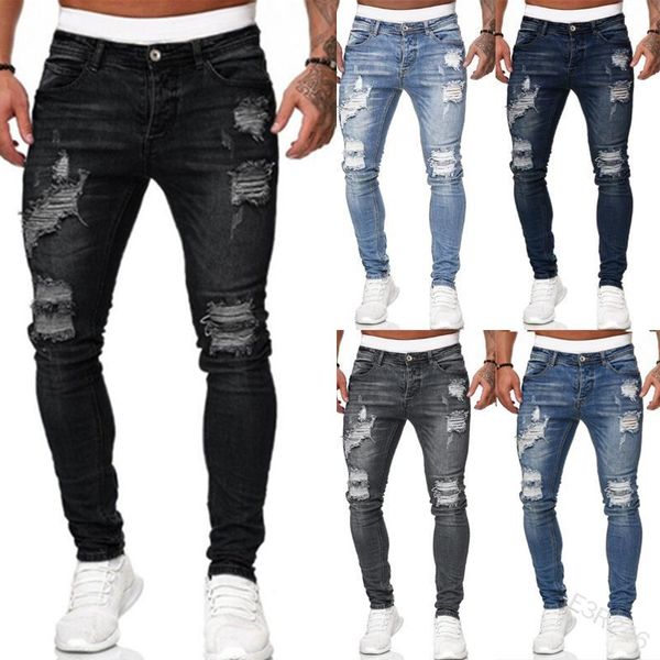 

men's jeans ripped distressed destroyed skinny slim fit stretch denim pants with broken holes, Blue