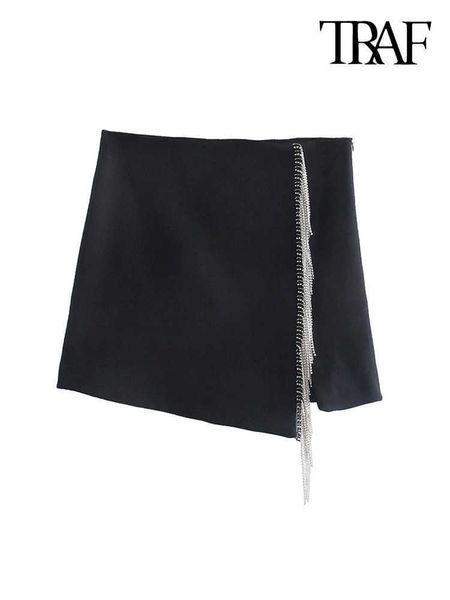 

skirts traf women fashion with bejewelled fringe detail mini skirt vintage high waist side zipper female skirt mujer l230215, Black