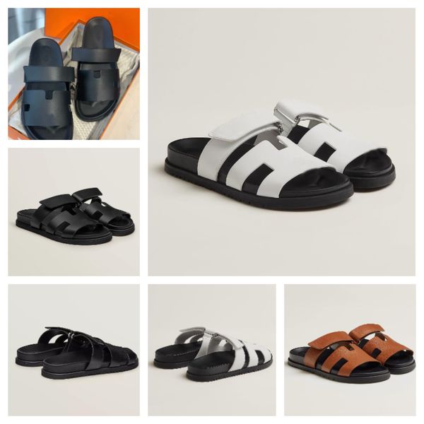 

2023 summer luxury mens chypre sandals shoes calfskin leather slip on beach slippers comfort slide flats man adjustable strap casual walking, Black