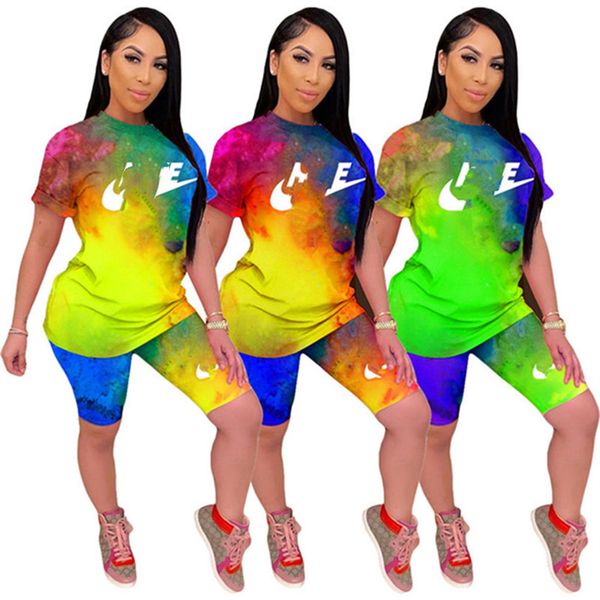 

designer jogger suits brand tracksuits summer women tie dye outfits two pieces set short sleeve t-shirt and shorts casual fitness sportswear, Gray