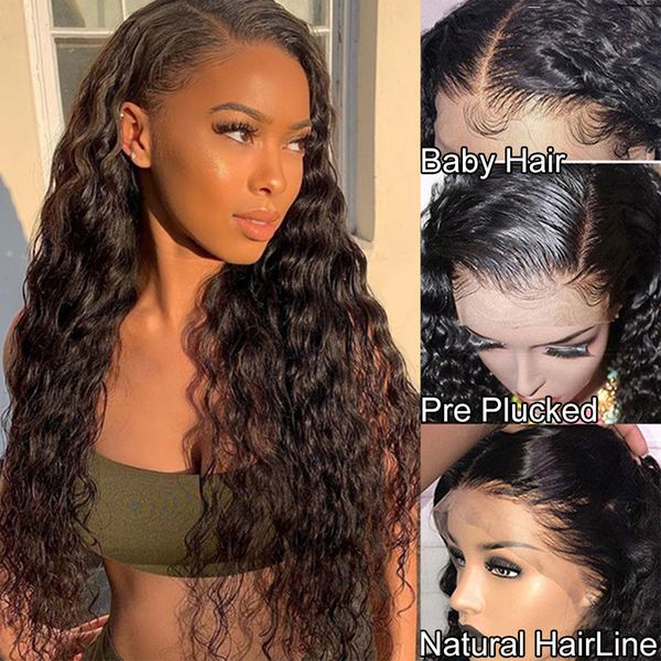 

water wave wiglace closure wig pre plucked curly lace frontal human hair wigs for women indian remy, Black