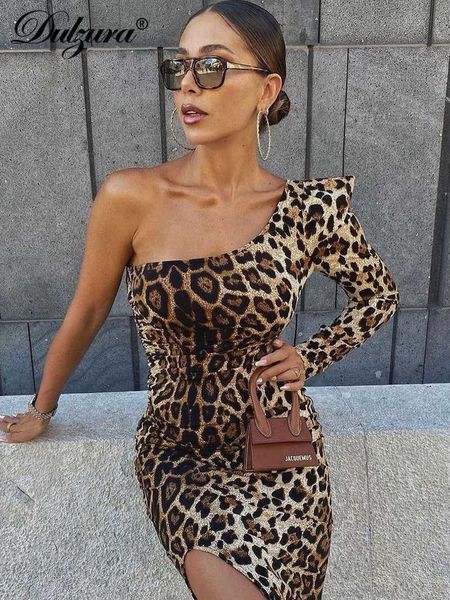 

casual dresses dulzura leopard print womne long sleeve one sholder slit midi dress shouder pad bodycon party elegant 2021 autumn winter t230, Black;gray