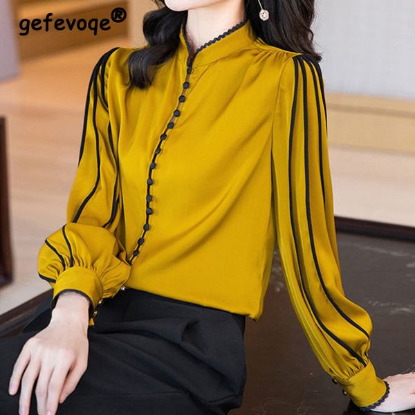 

women's blouses shirts elegant fashion casual solid satin button shirt autumn stand collar long shirt sleeve loose pullovers women&#03, White