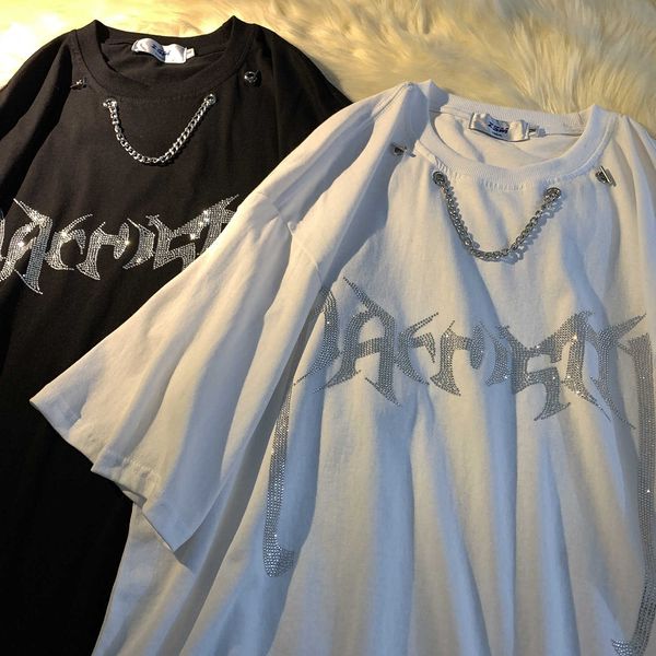 

women's t-shirt rhinestone cotton tshirt women street trend hip hop half sleeve shirt necklace fashion short sleeve loose oversized tsh, White