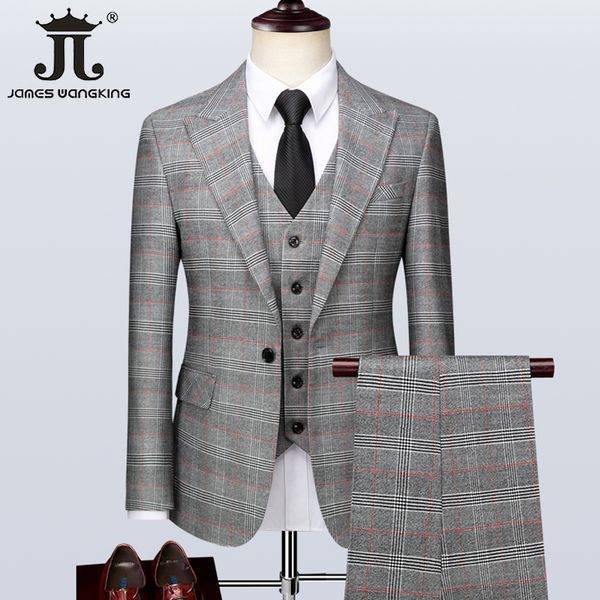 

men's suits blazers blazer vest pants high-end brand gray plaid mens formal business office suit three-piece groom wedding dress party, White;black