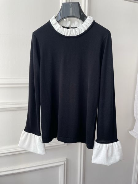 

women's sweaters 100% wool long sleeve crew neck white lace contrast decoration at neckline and cuffs, White;black