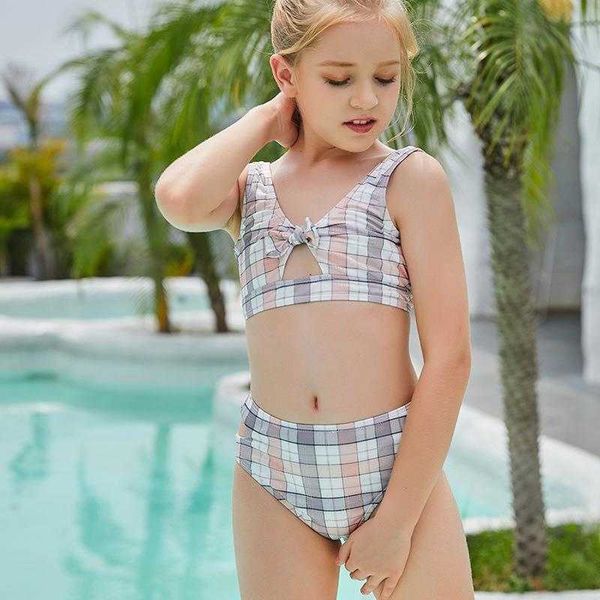 

girls spring two pieces swimming pool competition bikini childrens split plaid, Blue