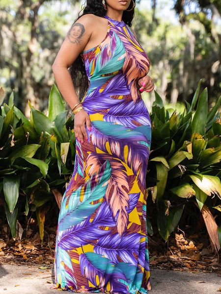 

casual dresses tropical print cutout back sleeveless maxi dress t230210, Black;gray