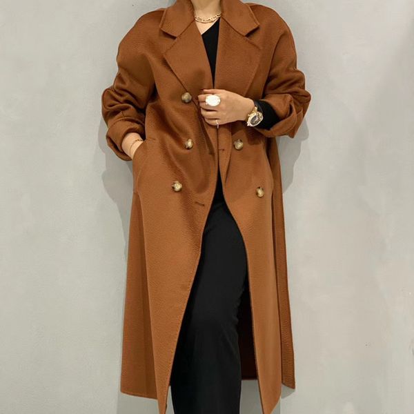 

womens jackets winter highend lapel lacing belt plus size loose long water ripple doublesided wool coat women handmade woolen jacket 230215, Black;brown