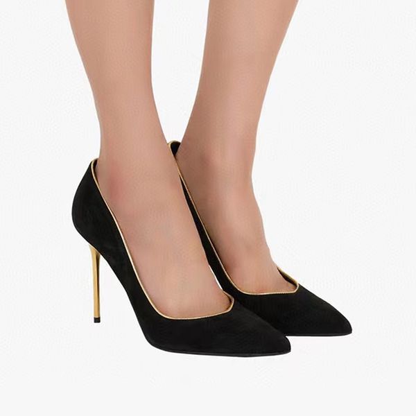 

gold trim dress shoes designer stiletto heel pointed toes womens pumps classic fashion embossing cashmere leather metal heel women shoe 35-4, Black