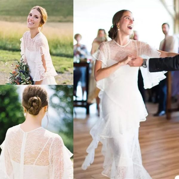 

2023 boho country mermaid wedding dresses bridal gown short sleeves lace floor length jewel neck custom made plus size vestido de novia, White
