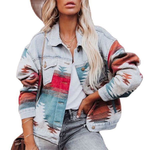 

womens jackets women fashion boho patchwork jacket bohemian aztec print denim coat vintage geometric jeans woolen shirt slit button outwear, Black;brown