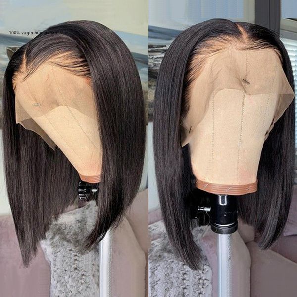 

peruvian 13x4 lace front bob wig silky straight 100% human hair 10-16inch 13x6 bob wigs 2*6 yirubeauty natural color 150% density, Black;brown