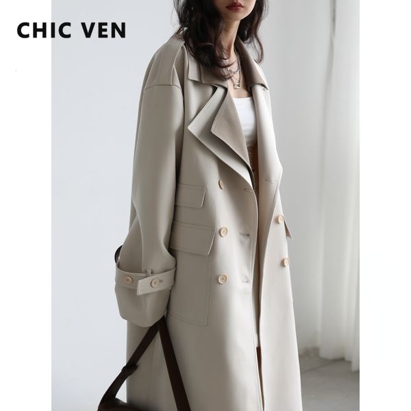 

women's trench coats chic ven women trench solid loose contrast double collar double breasted long women's windbreaker coat office, Tan;black