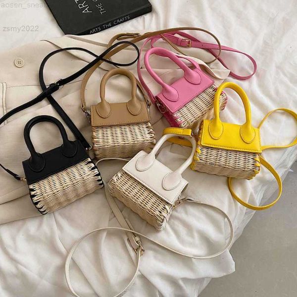 

2022 summer new designer natural rattan woven leather patchwork handbag for women shoulder diagonal crossbody square bag flap