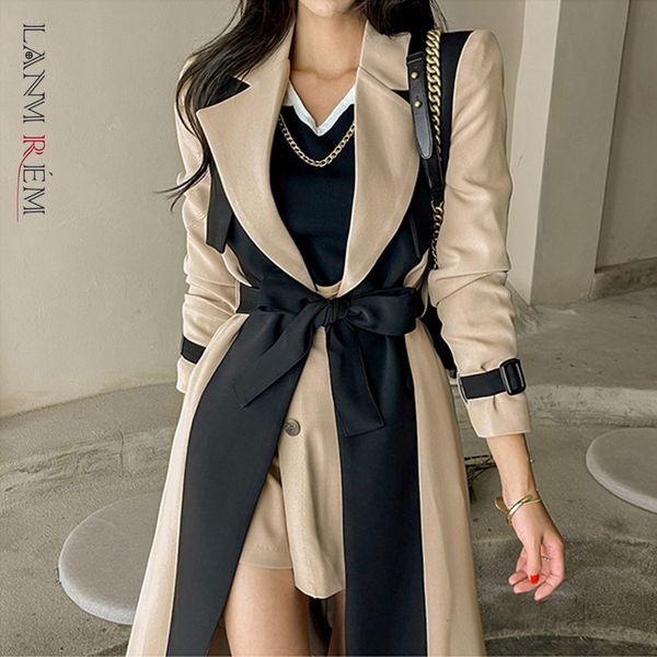 

women's trench coats lanmrem elegant notched collar lady patchwork windbreaker full sleeve buttons belted women long 2023 winter 2w1922, Tan;black