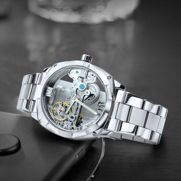 

wristwatches luxury square skeleton automatic mens watch golden bridge dial carved movement mechanical waterproof watches steel strap 230215, Slivery;brown