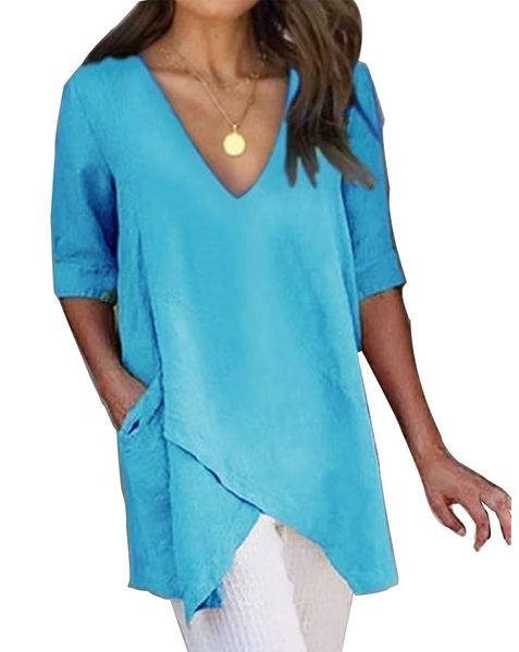 

women's summer irregular casual t-shirt new v neck half sleeve top, White