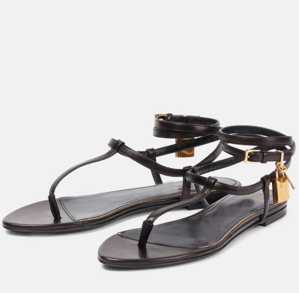

fashion summer luxury padlock womens sandal shoes thong party wedding sandalias shoe crisscross ankle straps lady comfort flat with box,eu 3, Black