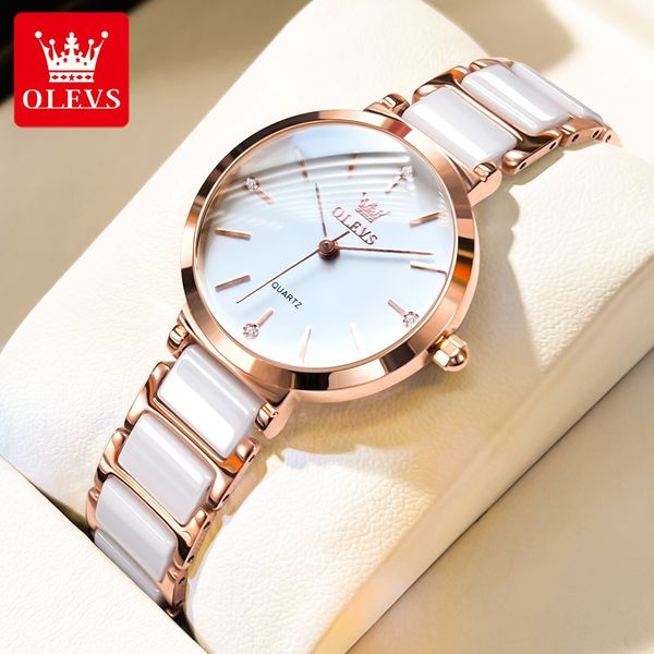 

wristwatches olevs 5877 japan quartz waterproof women wristwatches japanese movement ceramic strap fashion watch for women 230215, Slivery;brown