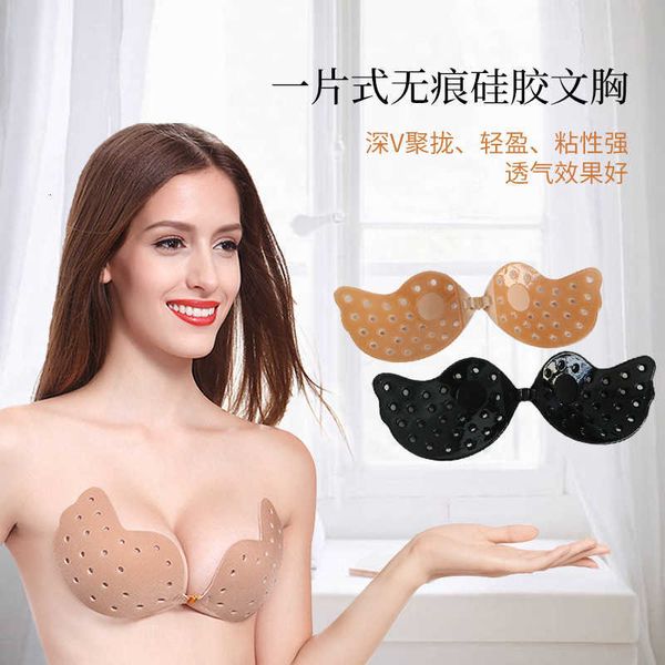 

bra set lingerie invisible wedding dress sling chest patch breathable lift traceless breast thin support anti slip gathered silicone, Red;black