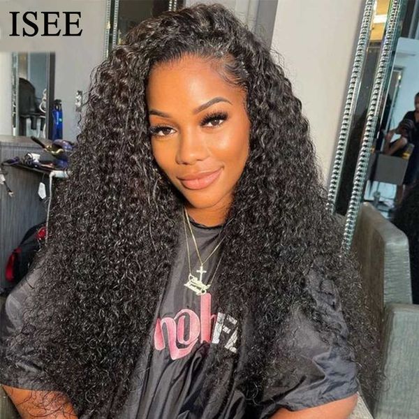 

kinky curly 13x4 lace frontal human hair wigs 180% density pre-plucked deep curly lace closure wigs 32inch isee hair wigs, Black