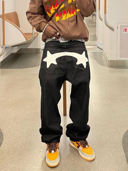

men's jeans y2k men's printed stars dark black jeans hip hop street fall fashion retro design casual low waist loose straight jean, Blue