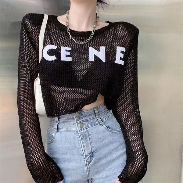 

2023letter-printed hollowed-out t-shirt for women's summer new design sense small crowd loose short long-sleeved sunscreen shirt top, White