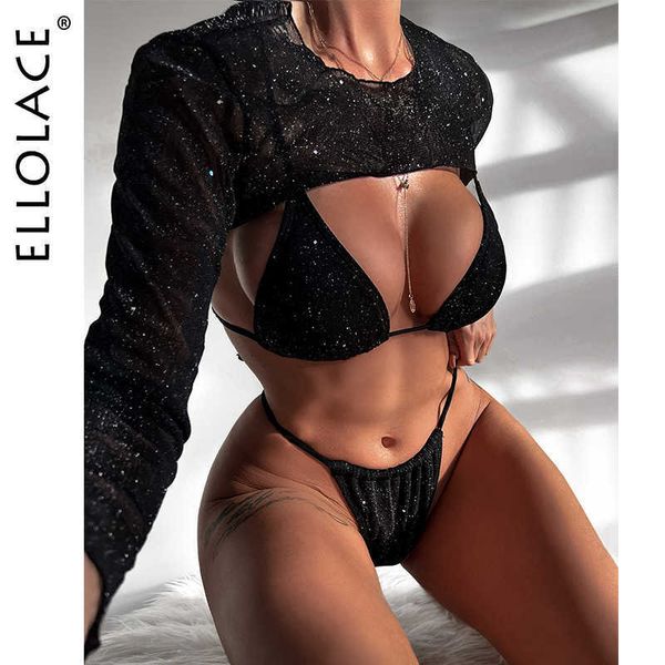 

women's swimwear ellolace micro erotic swimsuit 2022 new black glitter separate swimwear and crop long sleeve harajuku full fantasy bik, White;black