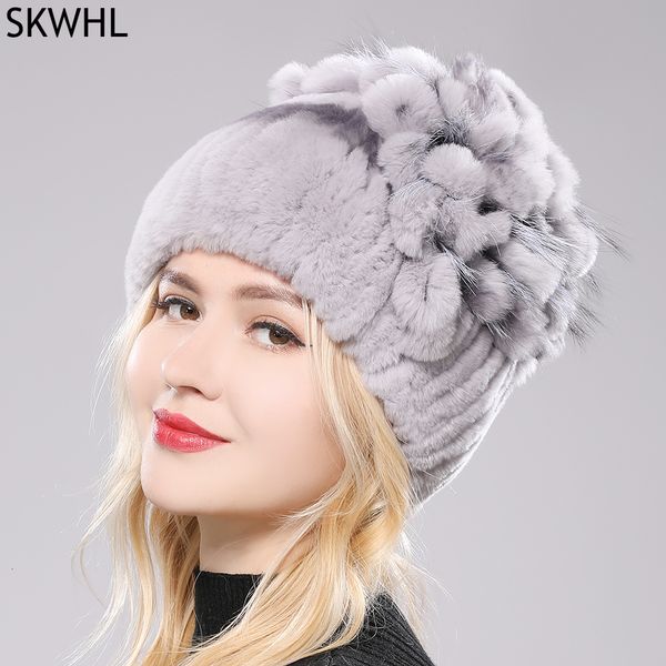 

beanieskull caps 2023 brand women genuine rex rabbit fur hats winter beanies striped flower warm real knit 230215, Blue;gray