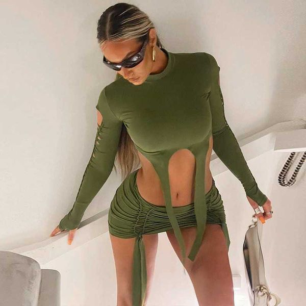 

dresses women sweatsuits casual fashion two piece set hole long sleeve slim fit short skirt dress, Black;gray