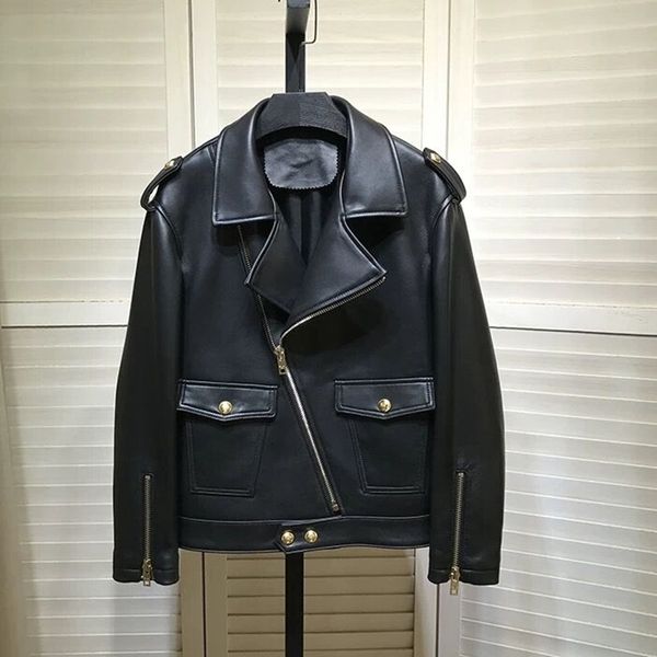 

women's leather faux natural women coat lambskin bomber biker jacket long sleeves 100 sheepskin h211 230215, Black