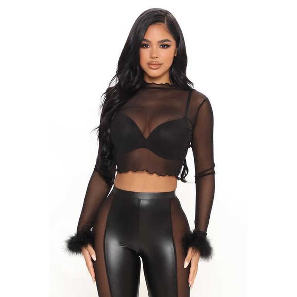 

women's t-shirt 2022 winter black tshirt mosaic wool undercoat women's long sleeve spice girl perspective mesh shirt high waist j2, White
