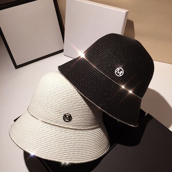 

female summer face covering bucket hats fashion western style sun cap with m letter women outdoor travel uv protection straw hats, Blue;gray