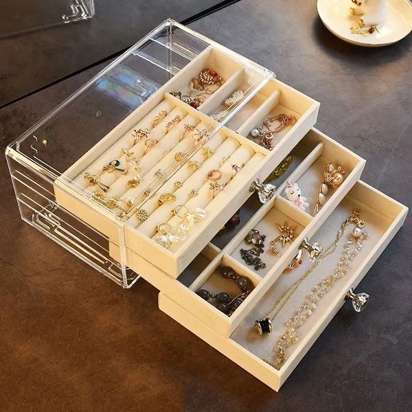 

jewelry boxes acrylic organizers velvet threelayer jewellery storage box earring rings necklace large space jewellery case holder women gift, Black;white