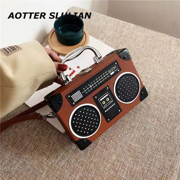 

evening bags chic radio-shaped small square bag hard shell metal handbag girl shopping travel shoulder bags retro red black clutch box pouch