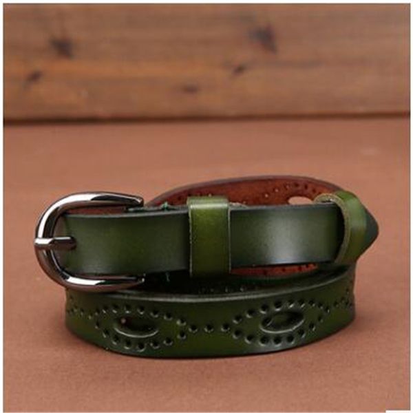 

korean version of sweet lady leather hollow belt manufacturers direct cowhide thin belt female, Black;brown