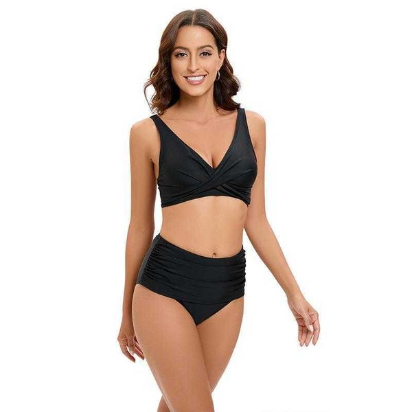 

two piece set swimsuits plus size solid color high waist bikini double shoulder, White;black