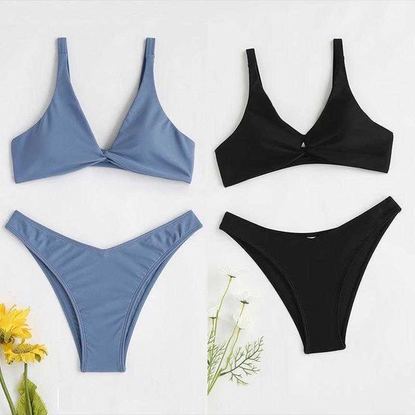 

swimsuit womens two pieces v neck backless childrens split solid color high, Blue