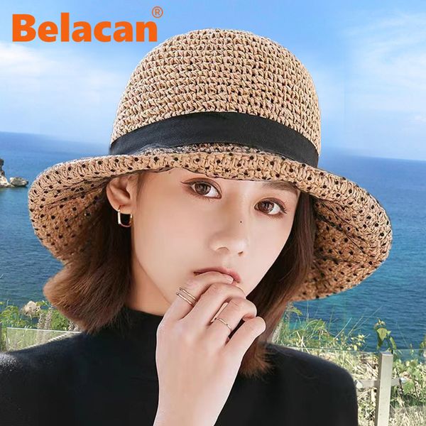 

wide brim hats bucket hats summer fashion straw hat womens foldable bohemian seaside lace fisherman hat panama beach leisure sun cap 230215, Blue;gray