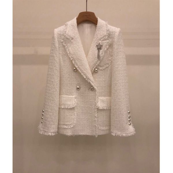 

women's suits blazers fashion designer women double breasted fringe tassel white tweed blazers notched collar celebrity slim weave coat, White;black