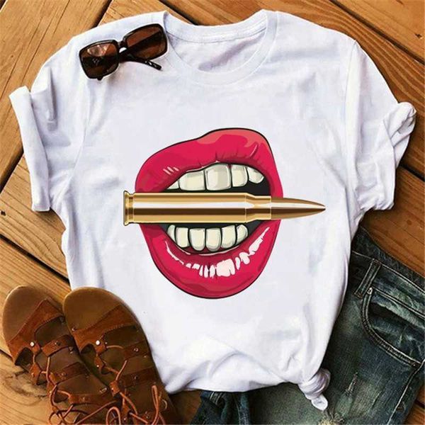 

plus size 3xl 4xl women fashion t-shirt short sleeve loose lips print clothing 19 color, White